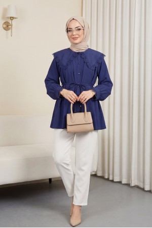 Bebe Yaka Fistolu Beli Bağcıklı Modal Tunik  -Laci