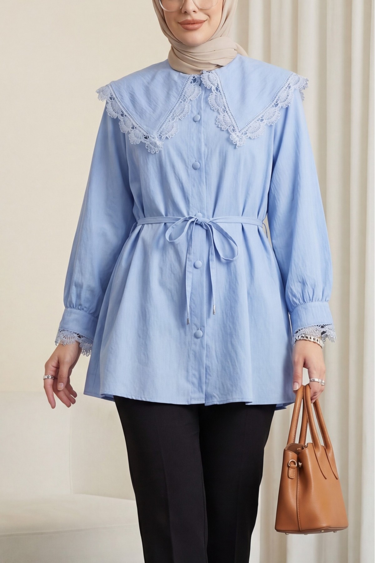Peter Pan Collar, Ruffled, Drawstring Waist Modal Tunic  -Blue