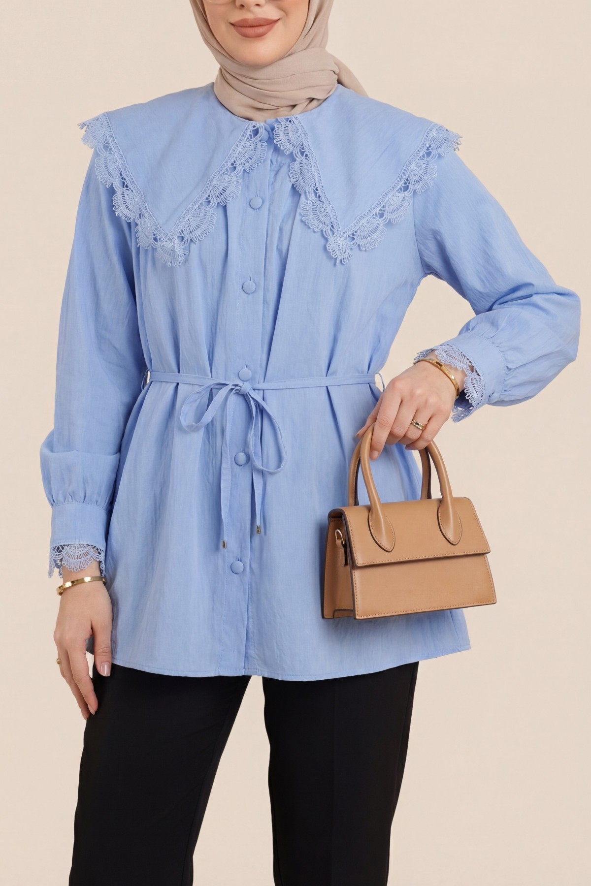 Peter Pan Collar, Ruffled, Drawstring Waist Modal Tunic  -Blue