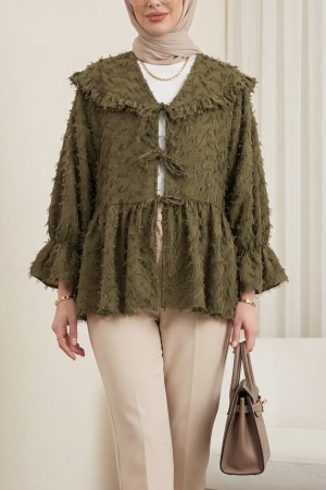 Önü Bağcıklı Tüylü Dokulu Clip Jakar Kimono -Haki