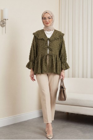 Front Lace-Up, Fluffy Textured Clip Jacquard Kimono -Khaki