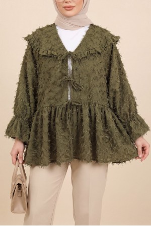 Front Lace-Up, Fluffy Textured Clip Jacquard Kimono -Khaki