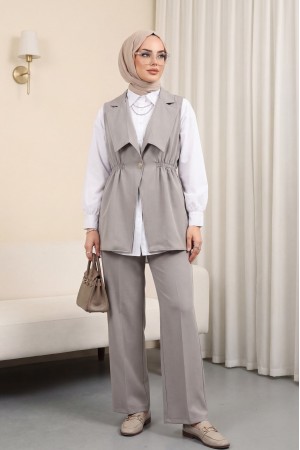 Kruvaze Yaka Beli Lastikli Yelek Pantolon Modal Takım -Gri