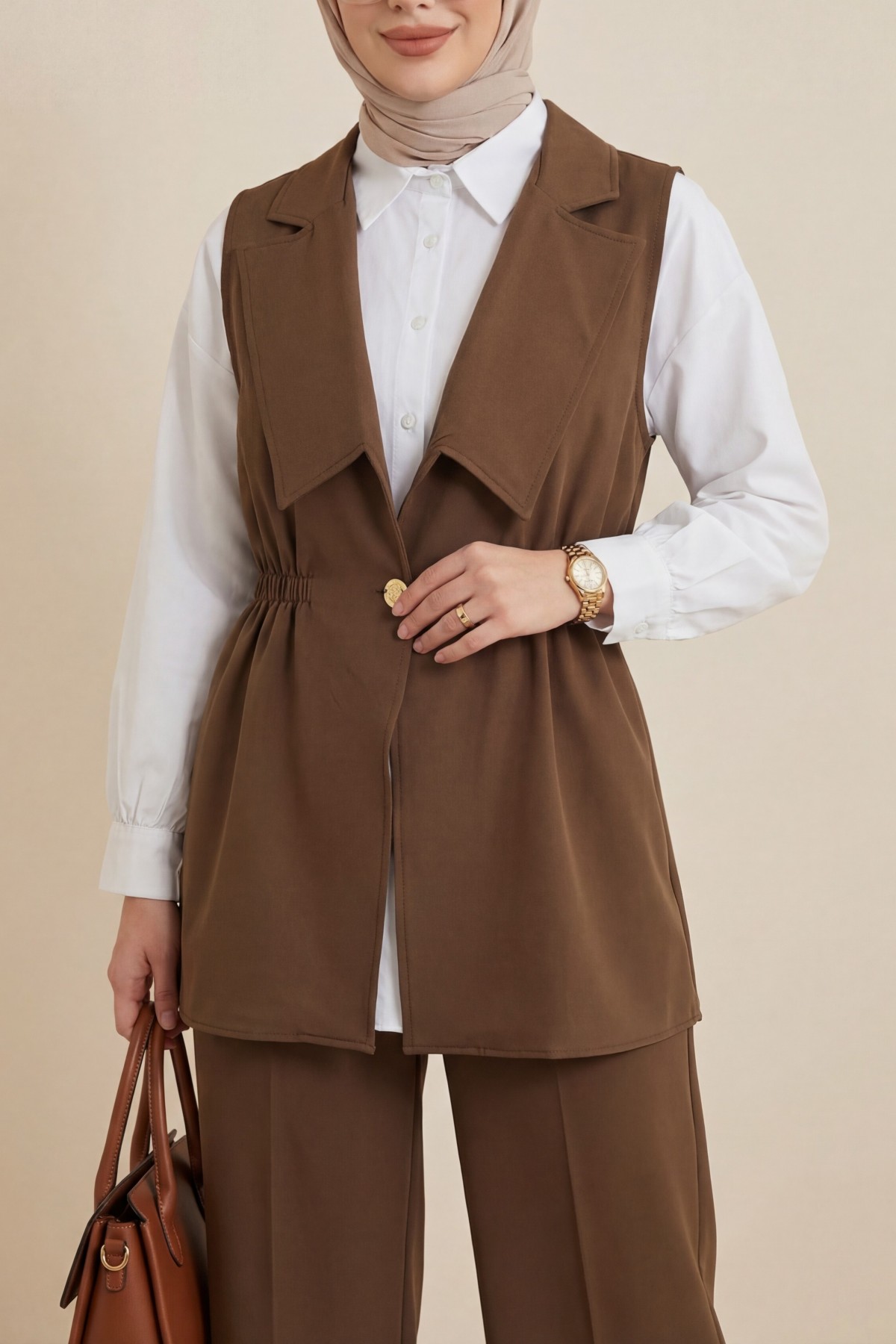 Double-breasted collar, elasticated waist vest and trousers, modal suit. -Brown