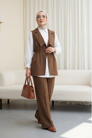 Kruvaze Yaka Beli Lastikli Yelek Pantolon Modal Takım -Kahve