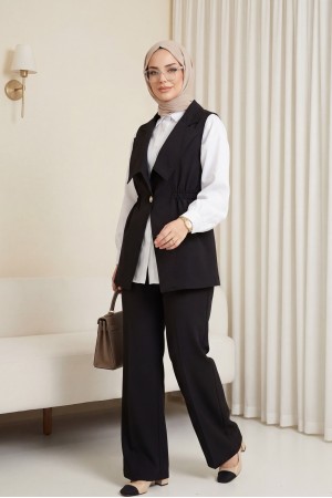 Kruvaze Yaka Beli Lastikli Yelek Pantolon Modal Takım -Siyah