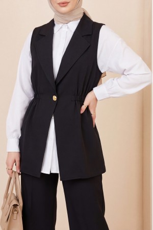 Kruvaze Yaka Beli Lastikli Yelek Pantolon Modal Takım -Siyah