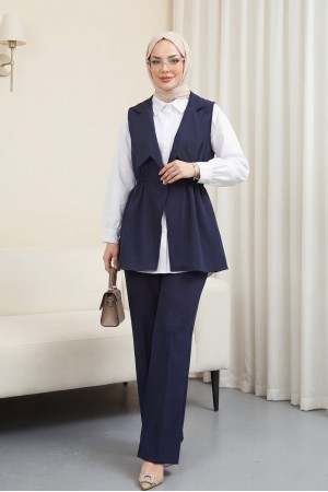 Kruvaze Yaka Beli Lastikli Yelek Pantolon Modal Takım  -Laci