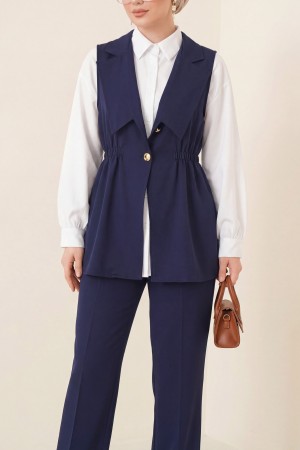 Kruvaze Yaka Beli Lastikli Yelek Pantolon Modal Takım  -Laci