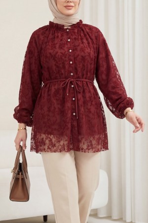 Dik Yaka Beli Bağcıklı Balon Kol Flog Baskılı Astarlı Tül Tunik -Bordo