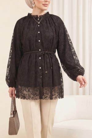 Dik Yaka Beli Bağcıklı Balon Kol Flog Baskılı Astarlı Tül Tunik -Kahve