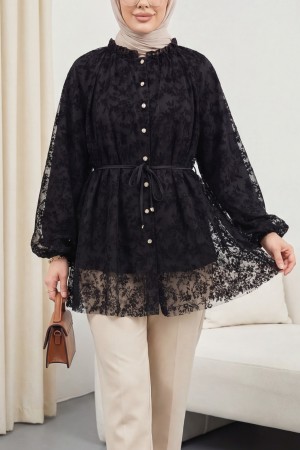 Dik Yaka Beli Bağcıklı Balon Kol Flog Baskılı Astarlı Tül Tunik -Siyah