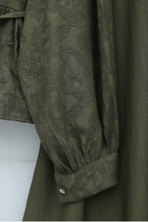 Jacquard Suit with Stone Embellished Buttoned Waist and Skirt -Khaki