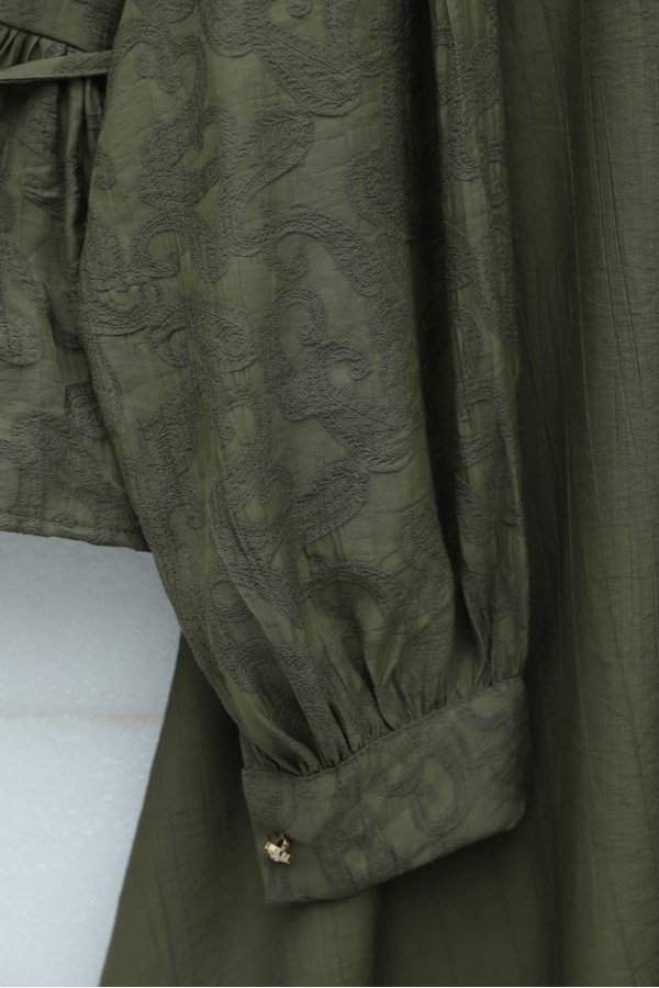 Jacquard Suit with Stone Embellished Buttoned Waist and Skirt -Khaki