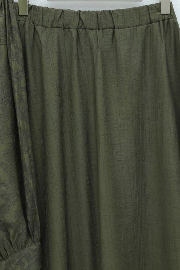 Jacquard Suit with Stone Embellished Buttoned Waist and Skirt -Khaki