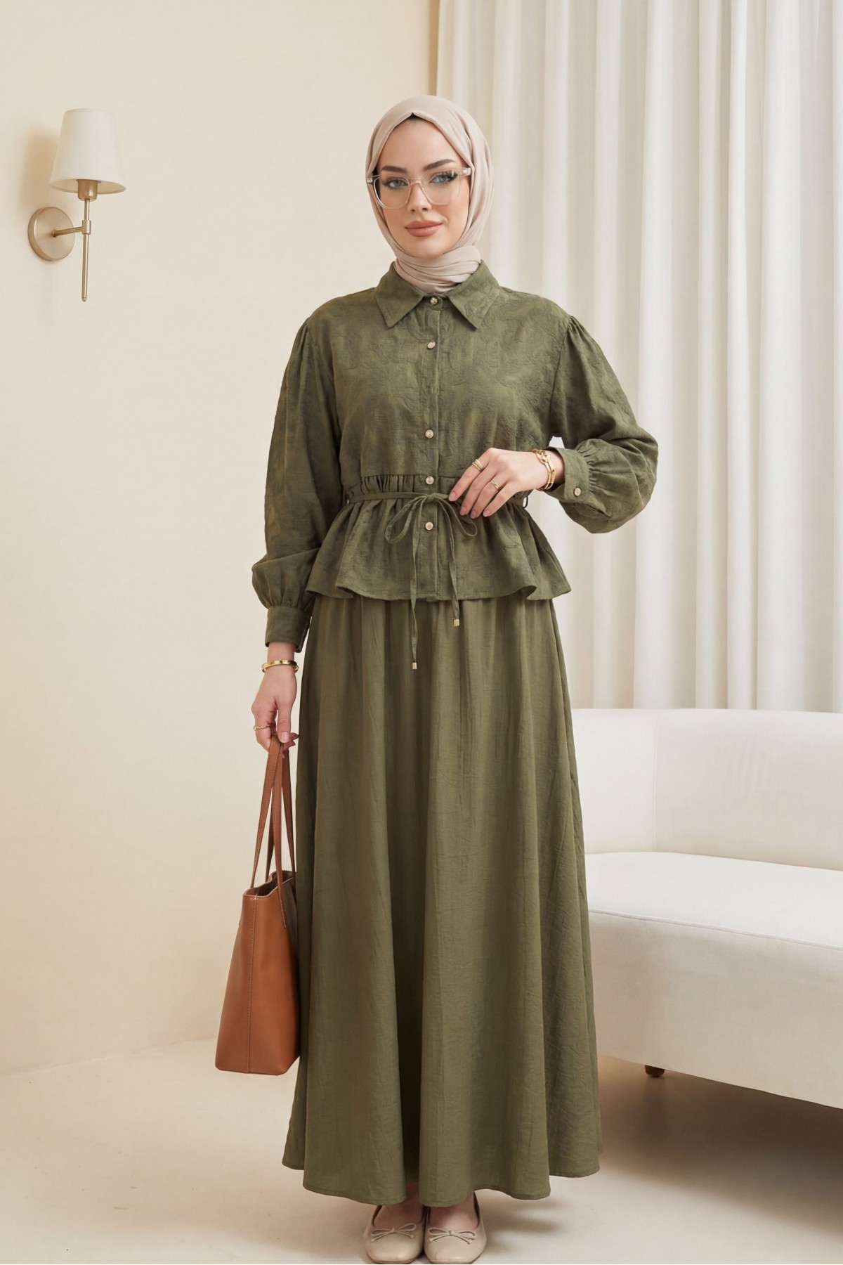 Jacquard Suit with Stone Embellished Buttoned Waist and Skirt -Khaki