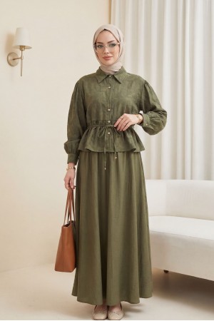 Taşlı Düğmeli Beli Bağlamalı Etekli Jakar Takım  -Haki