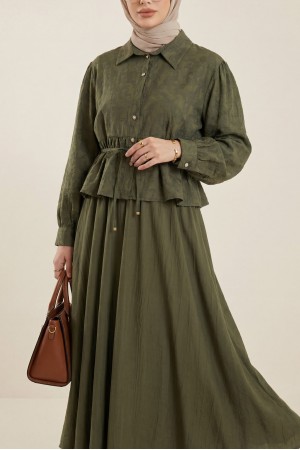 Jacquard Suit with Stone Embellished Buttoned Waist and Skirt -Khaki