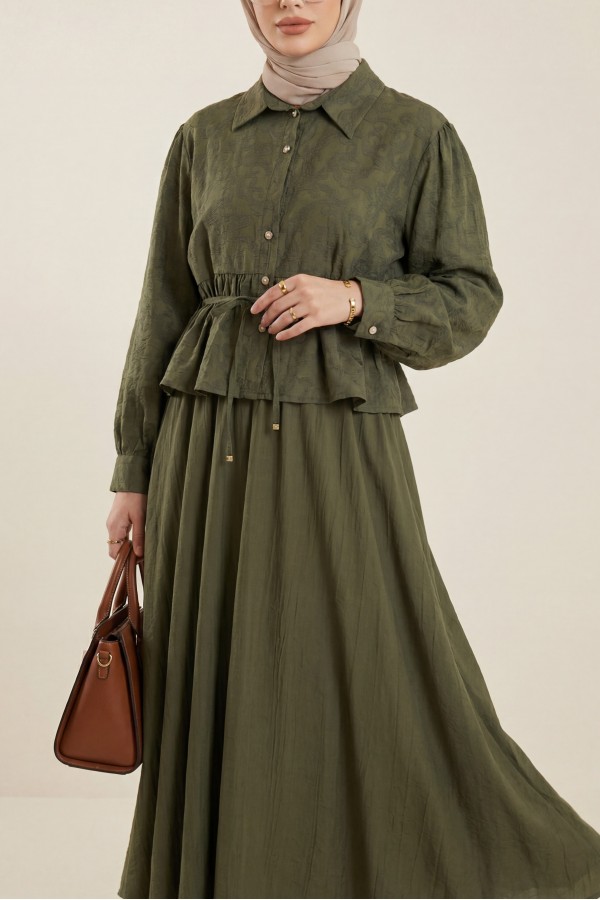 Jacquard Suit with Stone Embellished Buttoned Waist and Skirt -Khaki