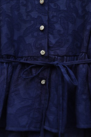 Jacquard Suit with Stone Embellished Buttoned Waist and Skirt -Navy blue