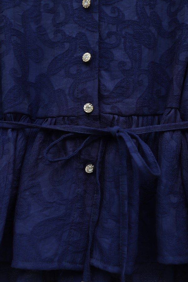 Jacquard Suit with Stone Embellished Buttoned Waist and Skirt -Navy blue