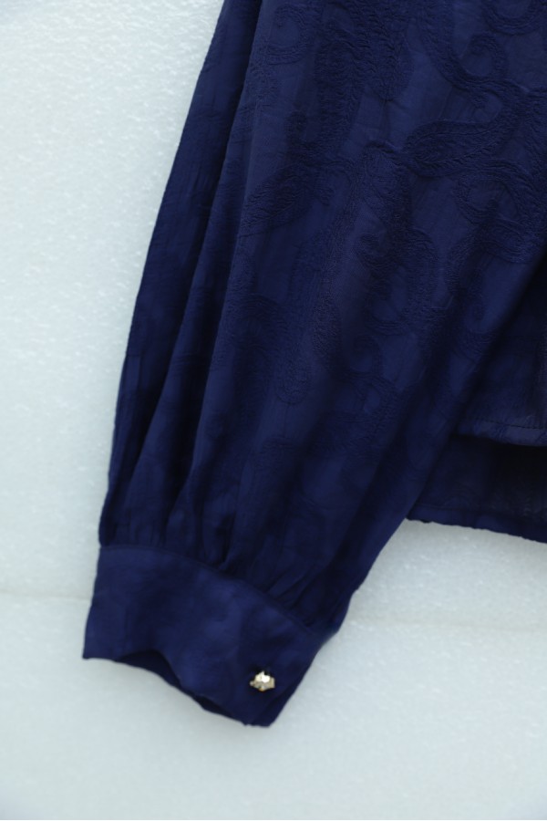 Jacquard Suit with Stone Embellished Buttoned Waist and Skirt -Navy blue