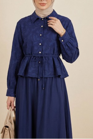Jacquard Suit with Stone Embellished Buttoned Waist and Skirt -Navy blue