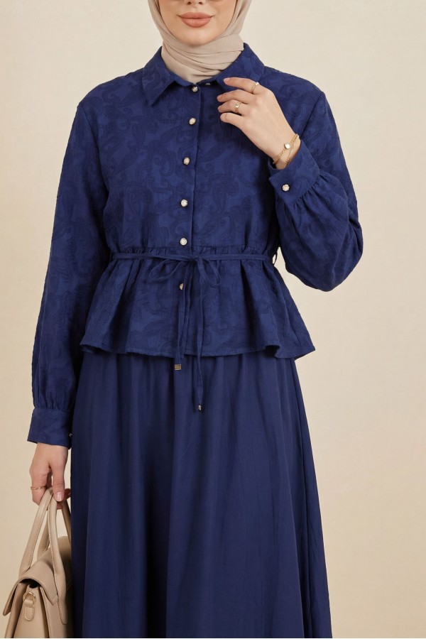 Jacquard Suit with Stone Embellished Buttoned Waist and Skirt -Navy blue