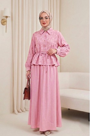 Jacquard Suit with Stone Embellished Buttoned Waist and Skirt -Pink