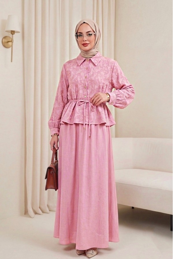 Taşlı Düğmeli Beli Bağlamalı Etekli Jakar Takım  -Pembe