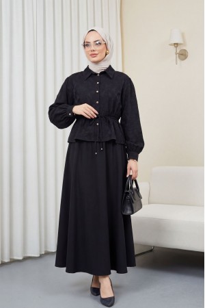 Taşlı Düğmeli Beli Bağlamalı Etekli Jakar Takım  -Siyah