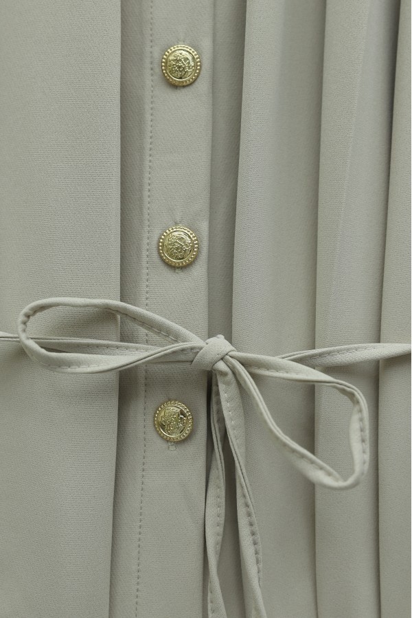 Crepe Set with Pleated Front, Buttoned Waist and Tie Skirt - Beige