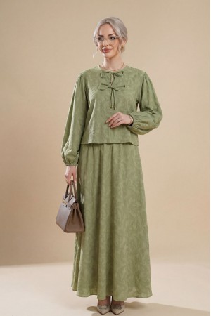 Kolu Lastikli Yakası Bağlamalı Etekli Jakar Takım   -Çağla Y.