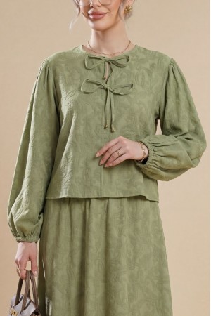 Kolu Lastikli Yakası Bağlamalı Etekli Jakar Takım   -Çağla Y.