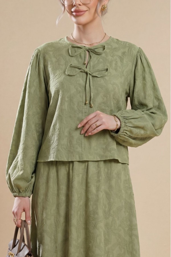 Jacquard Suit with Elasticated Sleeves, Tie-Collar and Skirt -Cagla Green