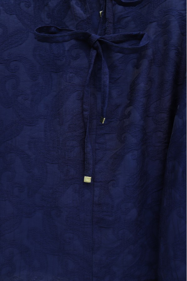 Jacquard Suit with Elasticated Sleeves, Tie-Collar and Skirt -Navy blue