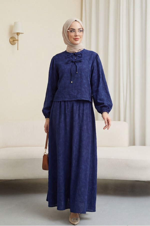 Jacquard Suit with Elasticated Sleeves, Tie-Collar and Skirt -Navy blue