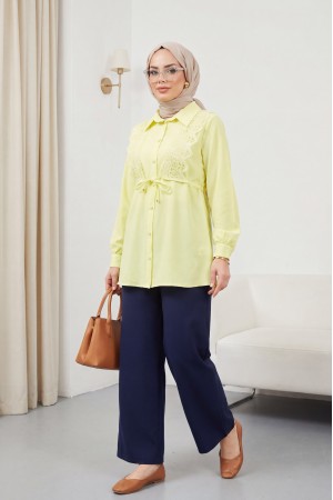 Önü Dantelli Bağlama Detaylı Düğmeli Poplin Gömlek -Açık Sarı