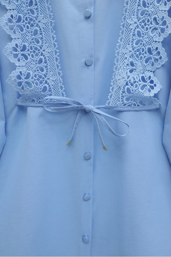 Buttoned Poplin Shirt with Lace Tie Detail at the Front -Baby Blue