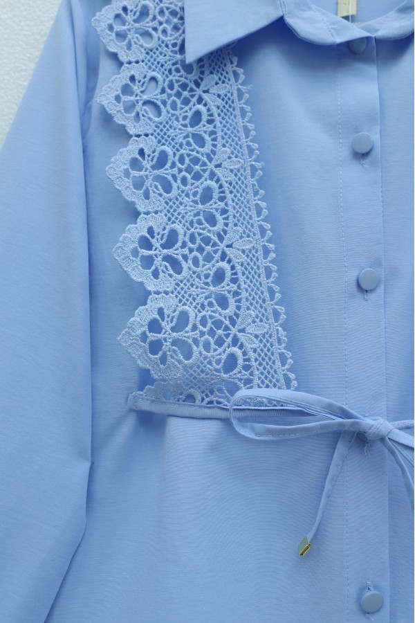 Buttoned Poplin Shirt with Lace Tie Detail at the Front -Baby Blue