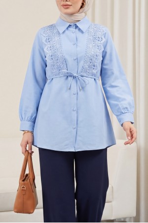 Önü Dantelli Bağlama Detaylı Düğmeli Poplin Gömlek -Bebe Mavi