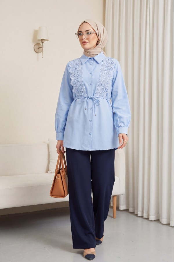 Buttoned Poplin Shirt with Lace Tie Detail at the Front -Baby Blue