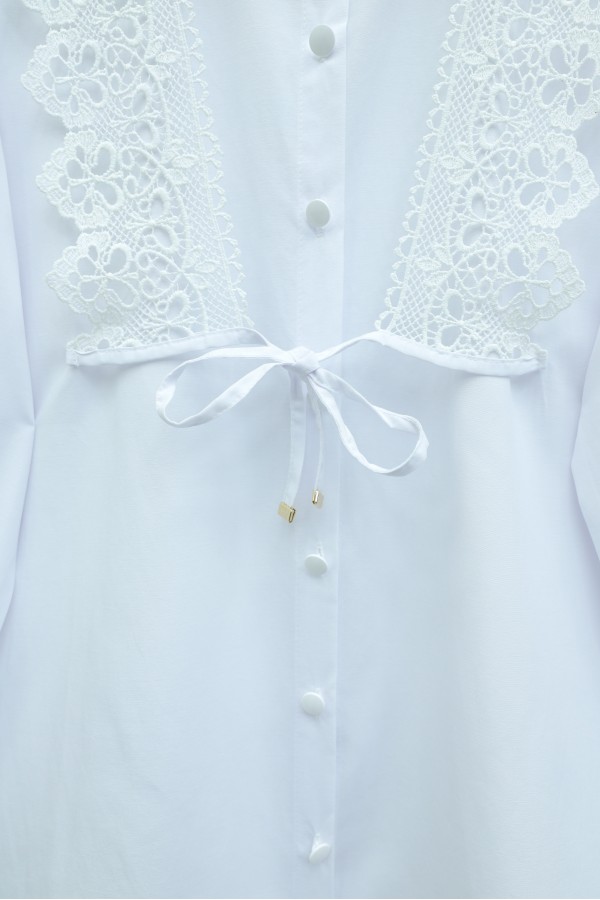 Buttoned Poplin Shirt with Lace Tie Detail at the Front -White