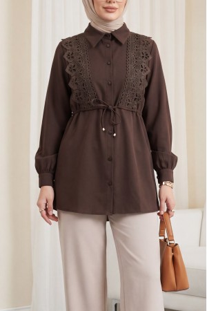 Önü Dantelli Bağlama Detaylı Düğmeli Poplin Gömlek -Kahve