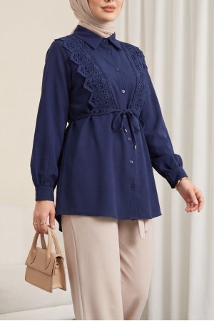 Önü Dantelli Bağlama Detaylı Düğmeli Poplin Gömlek -Laci
