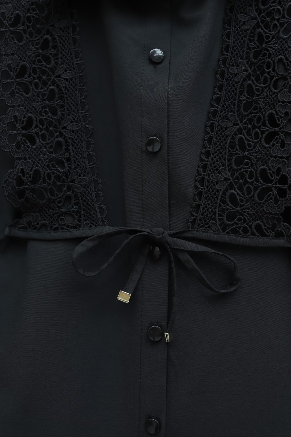 Buttoned Poplin Shirt with Lace Tie Detail at the Front -Black