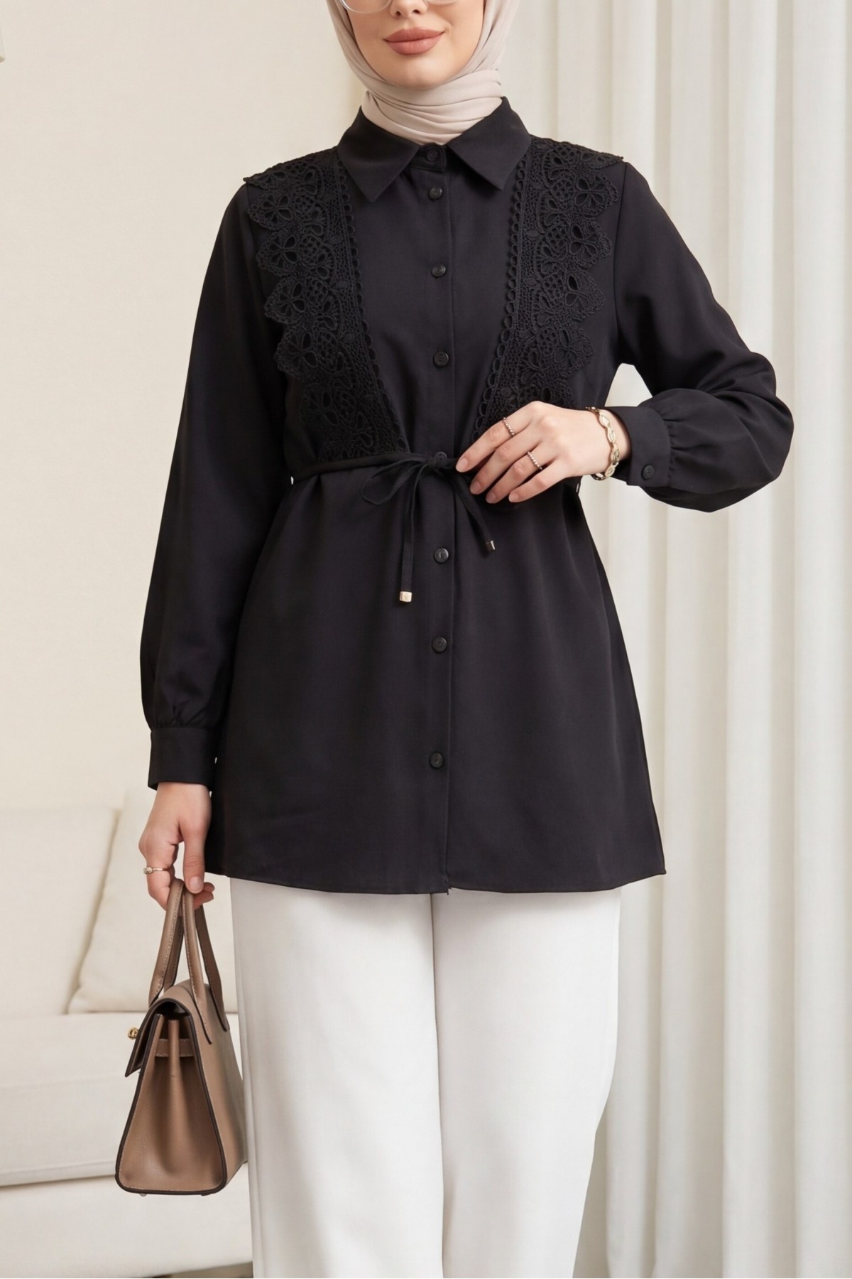 Buttoned Poplin Shirt with Lace Tie Detail at the Front -Black