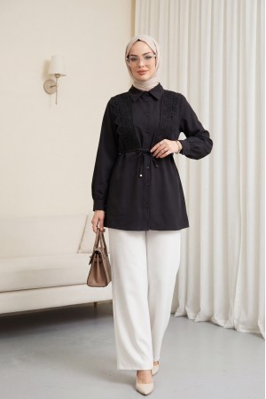 Önü Dantelli Bağlama Detaylı Düğmeli Poplin Gömlek -Siyah