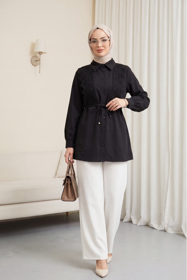 Buttoned Poplin Shirt with Lace Tie Detail at the Front -Black