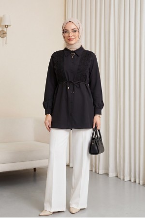 Önü Dantelli Bağlama Detaylı Düğmeli Poplin Gömlek -Siyah